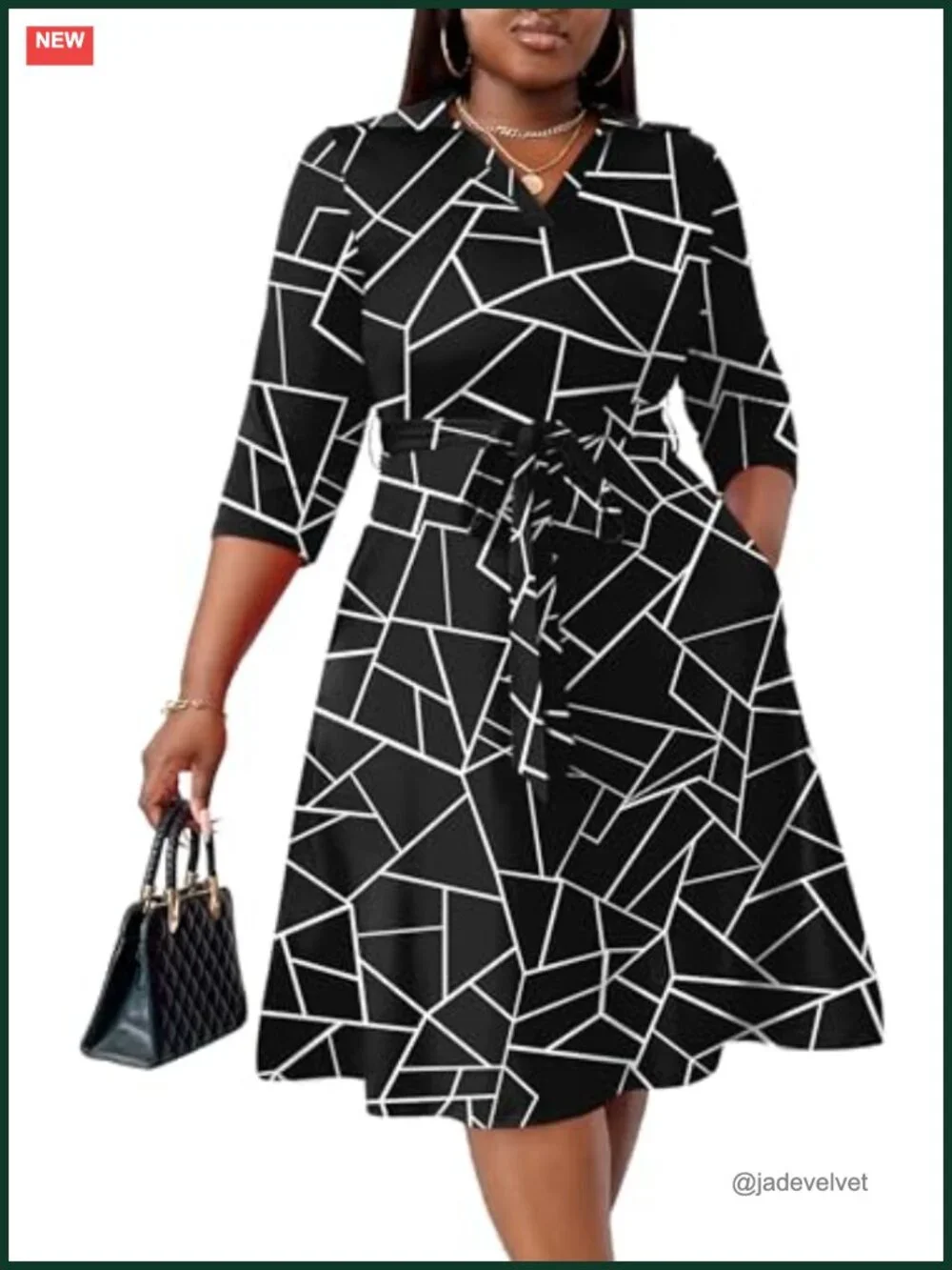 Plus Size Fit and Flare Midi Dress with Pockets and Belt - African Print 3/4